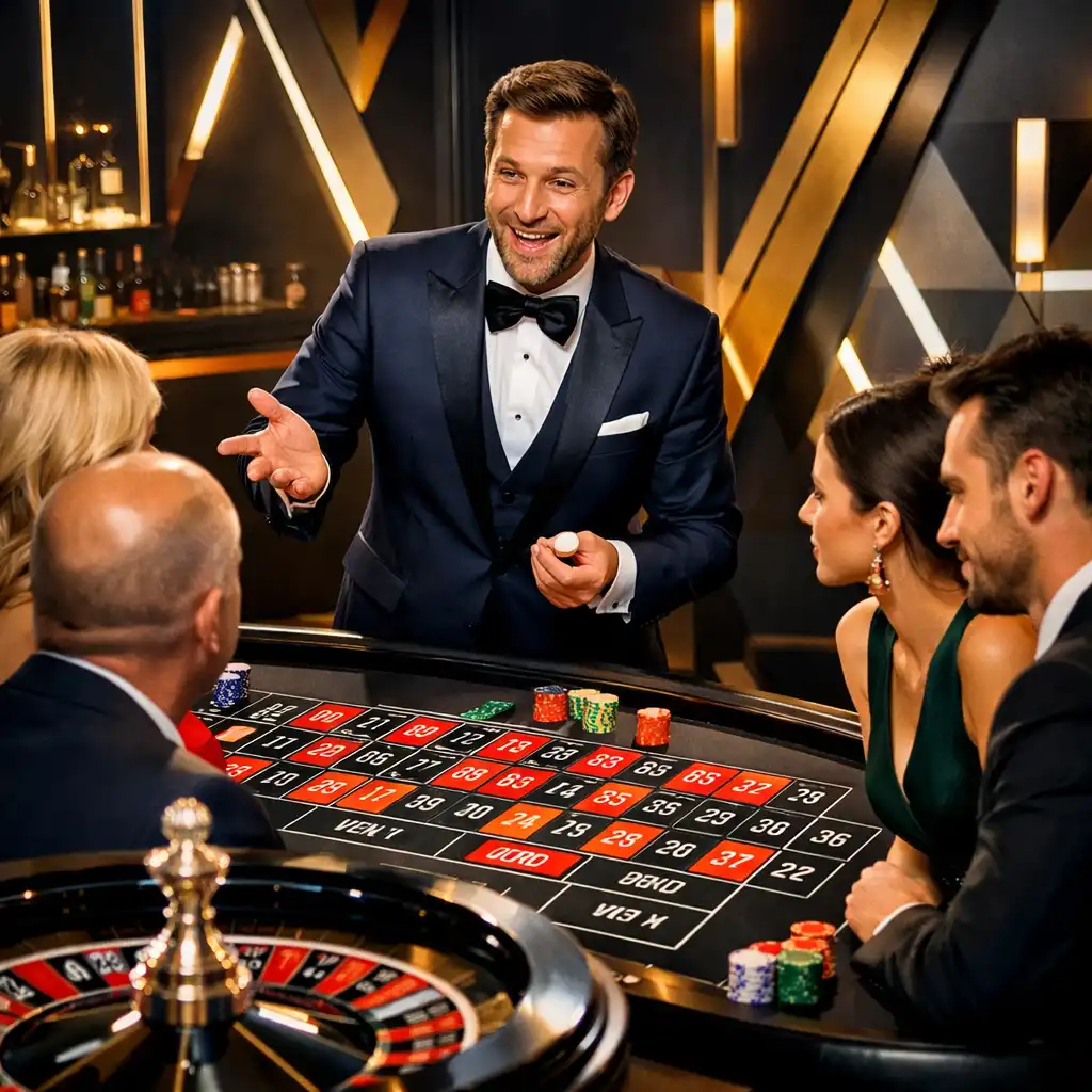 Animateur expliquant les règles de la roulette lors d’un événement