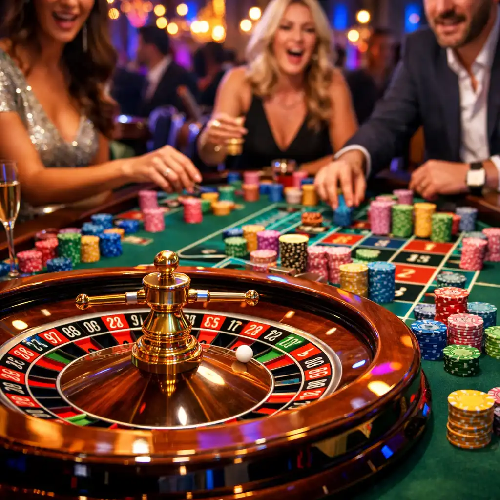 Ambiance lumineuse autour d’une table de roulette événementielle